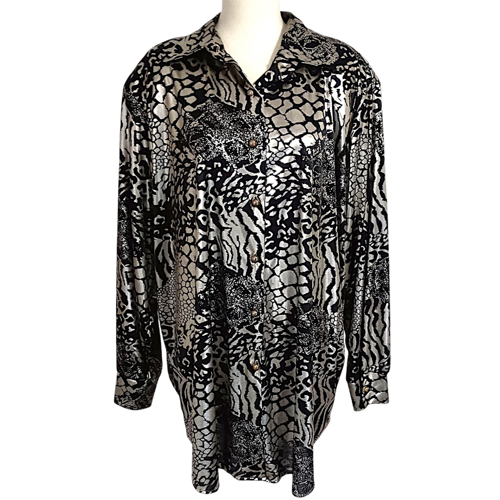 Vtg Metallic Animal Print Blouse 1X Plus Button Front Shimmer Top Retro Slinky